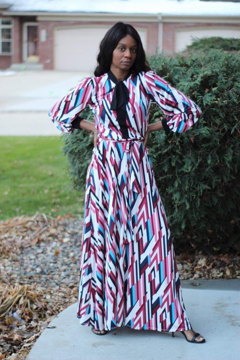 Venechia print long sleeve maxi dress with mock-neck tie in FUCHSIA/BL   Bili's Bougie Boutique