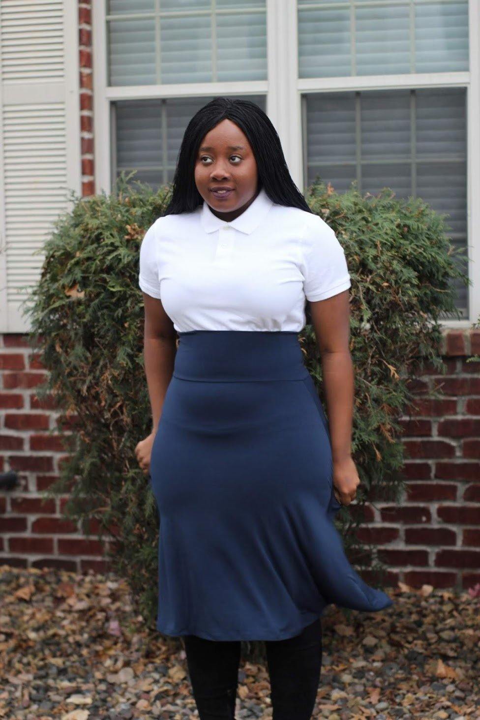 Navy flared skirt online