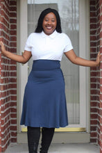 Load image into Gallery viewer, FOLD OVER WAIST BAND A-LINE FLARED SKIRT IN NAVY BLUE - Bili&#39;s Bougie Boutique
