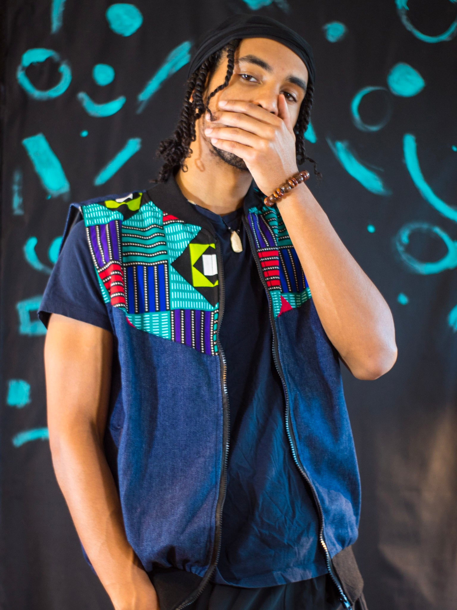 Denim and African print sleeveless Varsity jacket – Bili's Bougie 
