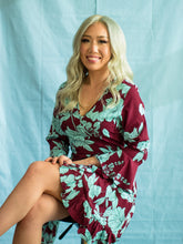 Load image into Gallery viewer, Flared Sleeve Ruffle Hem Wrap Front Mini Dress In Burgundy and Blue  UK size
