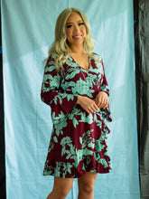 Load image into Gallery viewer, Flared Sleeve Ruffle Hem Wrap Front Mini Dress In Burgundy and Blue  UK size
