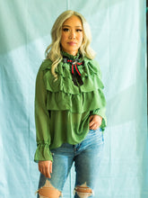 Load image into Gallery viewer, Green High Neck Layered Ruffle Blouse, Long Sleeve  Runway style Embellished bowtie neck UK Sizes
