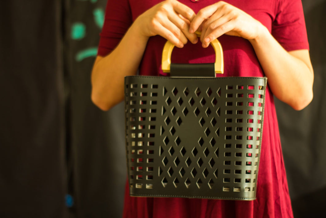 Black Perforated Fashion Top Handle Shoulder Bag With Dust bag  Wooden Top Handle Removable Crossbody Strap
