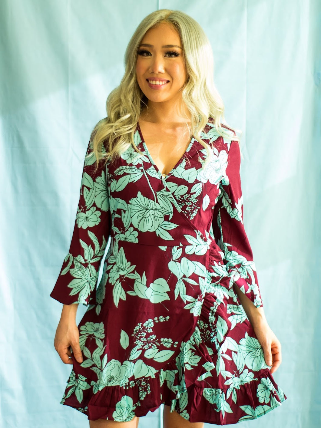 Flared Sleeve Ruffle Hem Wrap Front Mini Dress In Burgundy and Blue  UK size