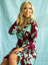 Load image into Gallery viewer, Flared Sleeve Ruffle Hem Wrap Front Mini Dress In Burgundy and Blue  UK size
